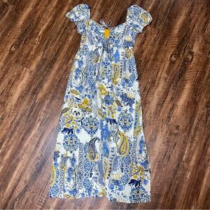 Band of The Free Ivory Navy Paisley Print‎ Boho Waist Tie Maxi Dress Medium
